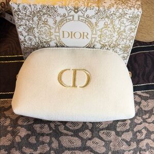 Dior Cream Velvet Cosmetic Pouch with Gold CD Emblem